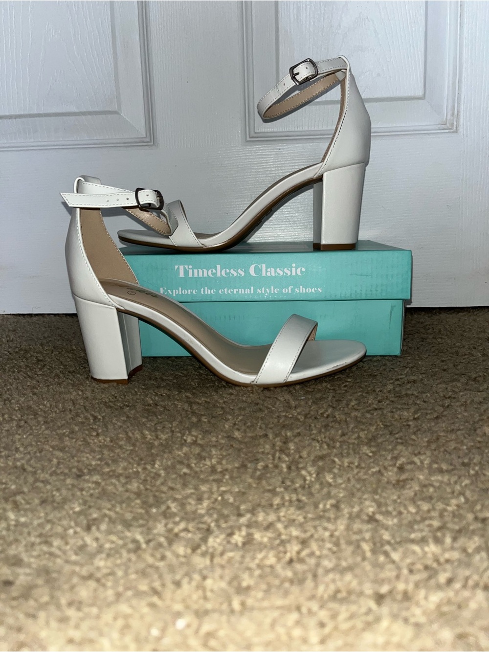 Timeless Classic Ankle Strap Block Heel Sandals in White